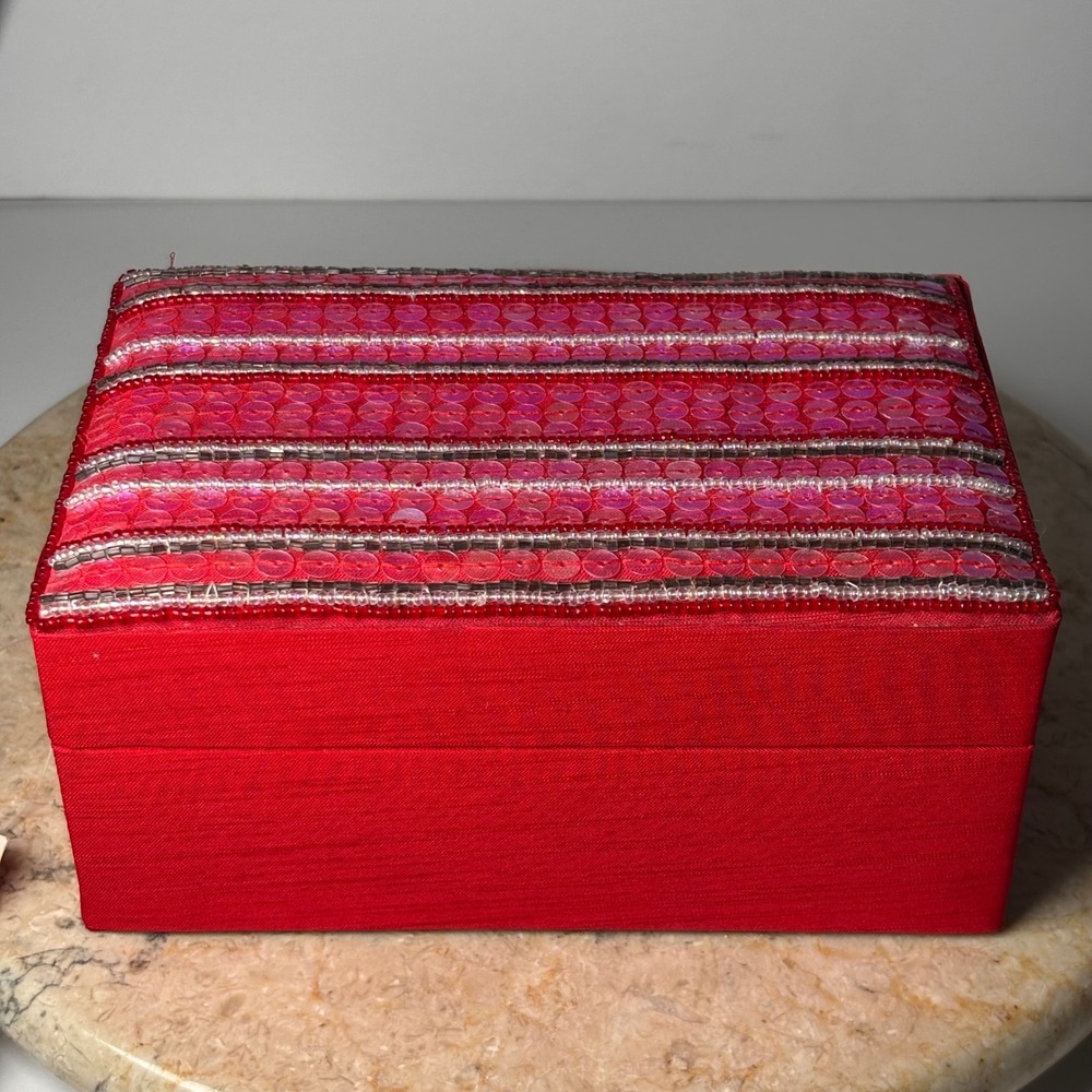 Measure Boho Croft & Barrow Jewelry Box Small Red Sequin Beaded Striped NWT